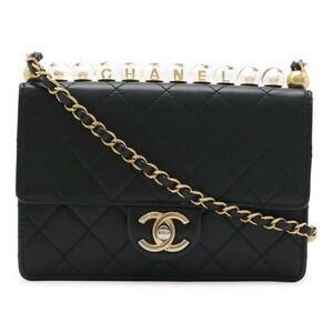 CHANEL Matelassé Coco Mark Clear Pearl Chain Shoulder Bag Flap Goatskin Black...